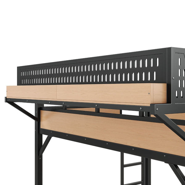 English Elm Queen Metal Loft Bed with Slide Wardrobe LED Lighting USB Ports and Storage Shelves Natural W5316S00038