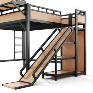 English Elm Queen Metal Loft Bed with Slide Wardrobe LED Lighting USB Ports and Storage Shelves Natural W5316S00038