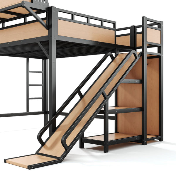 English Elm Queen Metal Loft Bed with Slide Wardrobe LED Lighting USB Ports and Storage Shelves Natural W5316S00038