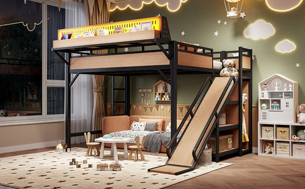 English Elm Queen Metal Loft Bed with Slide Wardrobe LED Lighting USB Ports and Storage Shelves Natural W5316S00038