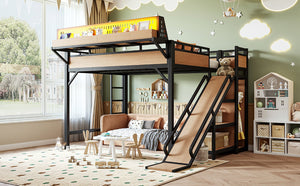 English Elm Queen Metal Loft Bed with Slide Wardrobe LED Lighting USB Ports and Storage Shelves Natural W5316S00038