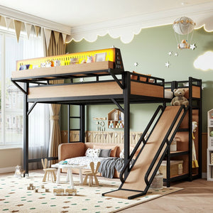 English Elm Queen Metal Loft Bed with Slide Wardrobe LED Lighting USB Ports and Storage Shelves Natural W5316S00038