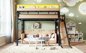 English Elm Queen Metal Loft Bed with Slide Wardrobe LED Lighting USB Ports and Storage Shelves Natural W5316S00038