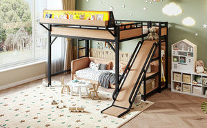 English Elm Queen Metal Loft Bed with Slide Wardrobe LED Lighting USB Ports and Storage Shelves Natural W5316S00038
