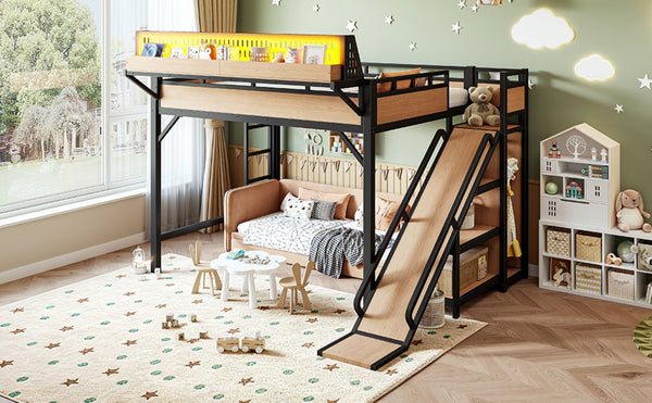 English Elm Queen Metal Loft Bed with Slide Wardrobe LED Lighting USB Ports and Storage Shelves Natural W5316S00038