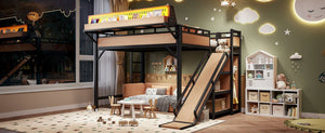 English Elm Queen Metal Loft Bed with Slide Wardrobe LED Lighting USB Ports and Storage Shelves Natural W5316S00038