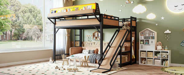 English Elm Queen Metal Loft Bed with Slide Wardrobe LED Lighting USB Ports and Storage Shelves Natural W5316S00038