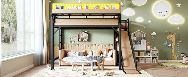 English Elm Queen Metal Loft Bed with Slide Wardrobe LED Lighting USB Ports and Storage Shelves Natural W5316S00038