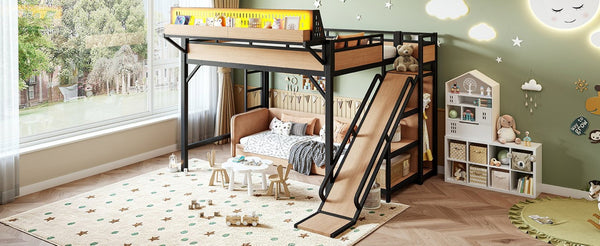 English Elm Queen Metal Loft Bed with Slide Wardrobe LED Lighting USB Ports and Storage Shelves Natural W5316S00038