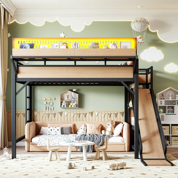 English Elm Queen Metal Loft Bed with Slide Wardrobe LED Lighting USB Ports and Storage Shelves Natural W5316S00038