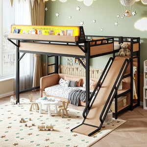 English Elm Queen Metal Loft Bed with Slide Wardrobe LED Lighting USB Ports and Storage Shelves Natural W5316S00038