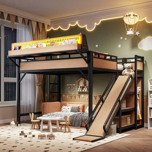 English Elm Queen Metal Loft Bed with Slide Wardrobe LED Lighting USB Ports and Storage Shelves Natural W5316S00038