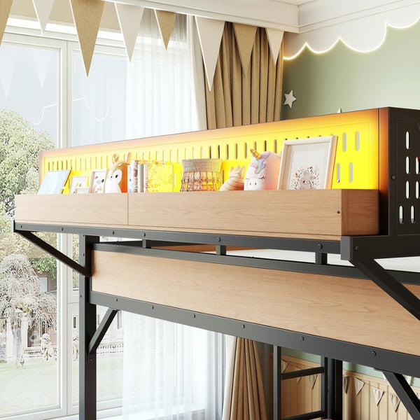 English Elm Queen Metal Loft Bed with Slide Wardrobe LED Lighting USB Ports and Storage Shelves Natural W5316S00038