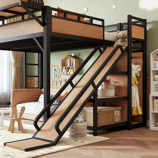 English Elm Queen Metal Loft Bed with Slide Wardrobe LED Lighting USB Ports and Storage Shelves Natural W5316S00038