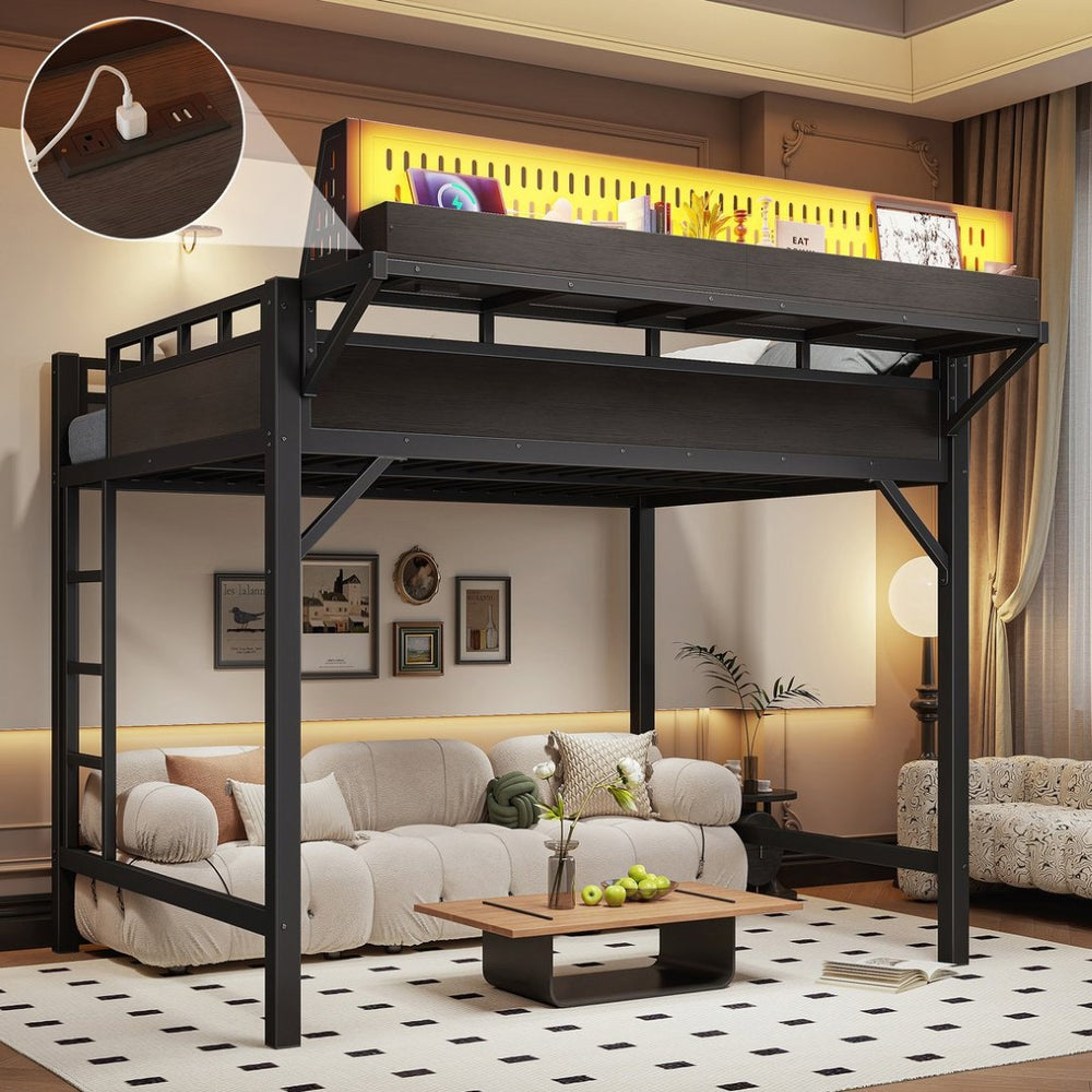 English Elm Ful Size Metal Loft Bed with Pegboard Shelves USB Charging and LED Ambient Lighting W5316S00041