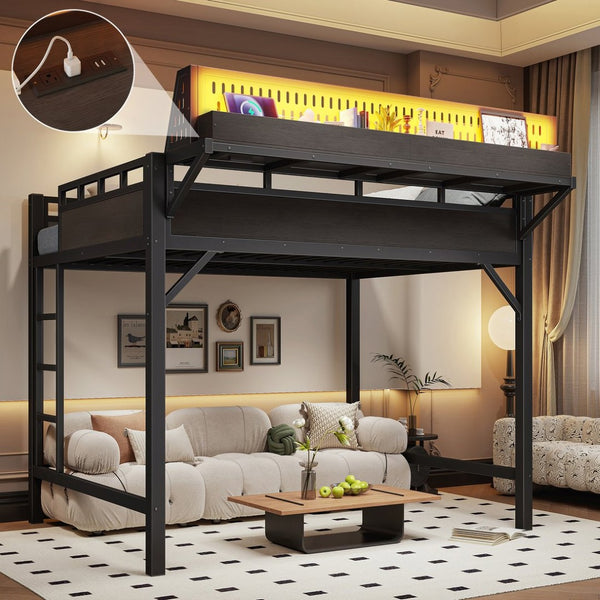 English Elm Ful Size Metal Loft Bed with Pegboard Shelves USB Charging and LED Ambient Lighting W5316S00041