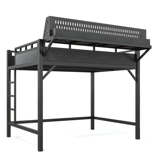 English Elm Ful Size Metal Loft Bed with Pegboard Shelves USB Charging and LED Ambient Lighting W5316S00041