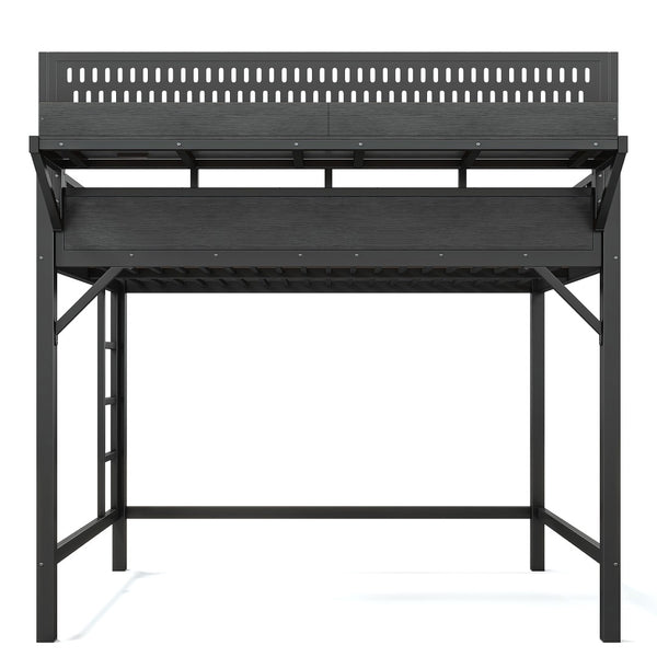 English Elm Ful Size Metal Loft Bed with Pegboard Shelves USB Charging and LED Ambient Lighting W5316S00041
