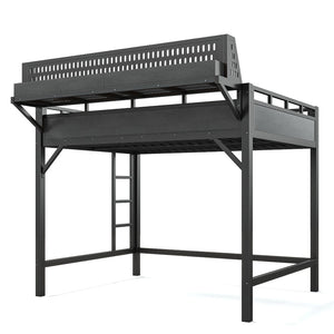 English Elm Ful Size Metal Loft Bed with Pegboard Shelves USB Charging and LED Ambient Lighting W5316S00041