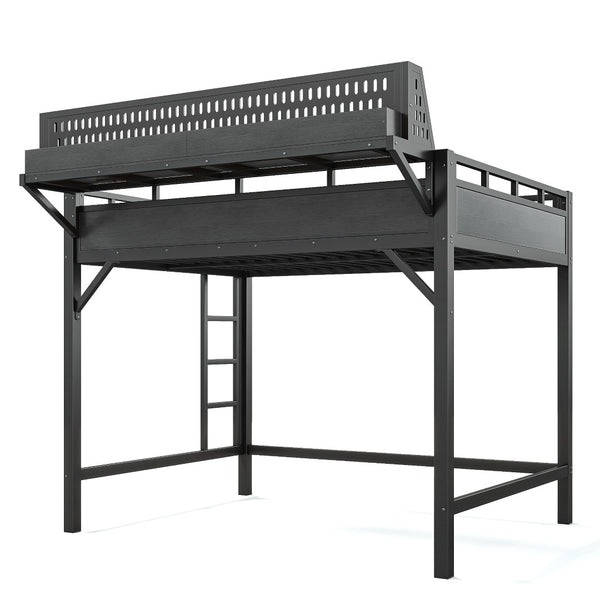 English Elm Ful Size Metal Loft Bed with Pegboard Shelves USB Charging and LED Ambient Lighting W5316S00041