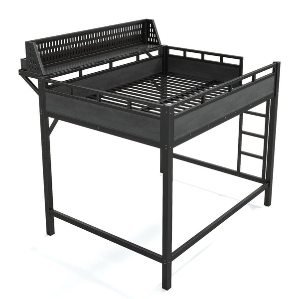 English Elm Ful Size Metal Loft Bed with Pegboard Shelves USB Charging and LED Ambient Lighting W5316S00041