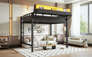 English Elm Ful Size Metal Loft Bed with Pegboard Shelves USB Charging and LED Ambient Lighting W5316S00041