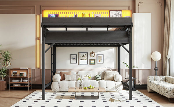 English Elm Ful Size Metal Loft Bed with Pegboard Shelves USB Charging and LED Ambient Lighting W5316S00041