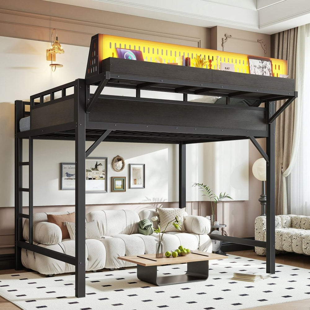 English Elm Ful Size Metal Loft Bed with Pegboard Shelves USB Charging and LED Ambient Lighting W5316S00041