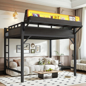 English Elm Ful Size Metal Loft Bed with Pegboard Shelves USB Charging and LED Ambient Lighting W5316S00041