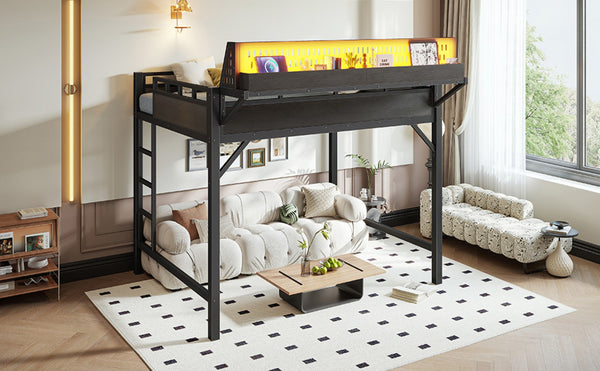 English Elm Ful Size Metal Loft Bed with Pegboard Shelves USB Charging and LED Ambient Lighting W5316S00041