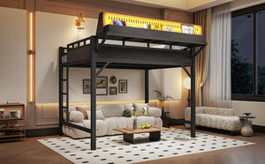 English Elm Ful Size Metal Loft Bed with Pegboard Shelves USB Charging and LED Ambient Lighting W5316S00041