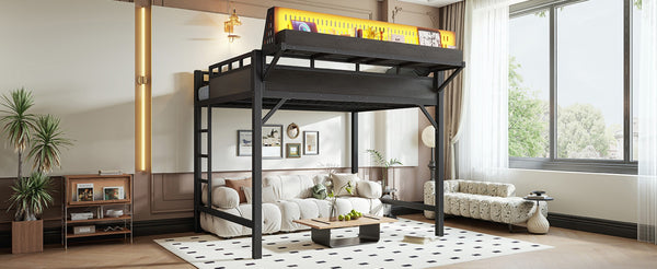 English Elm Ful Size Metal Loft Bed with Pegboard Shelves USB Charging and LED Ambient Lighting W5316S00041