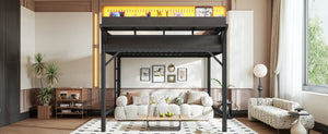 English Elm Ful Size Metal Loft Bed with Pegboard Shelves USB Charging and LED Ambient Lighting W5316S00041