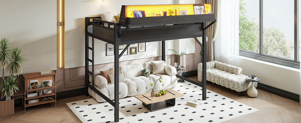 English Elm Ful Size Metal Loft Bed with Pegboard Shelves USB Charging and LED Ambient Lighting W5316S00041