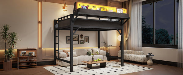 English Elm Ful Size Metal Loft Bed with Pegboard Shelves USB Charging and LED Ambient Lighting W5316S00041