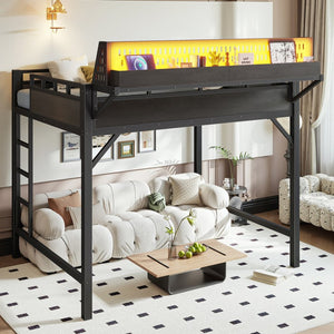 English Elm Ful Size Metal Loft Bed with Pegboard Shelves USB Charging and LED Ambient Lighting W5316S00041