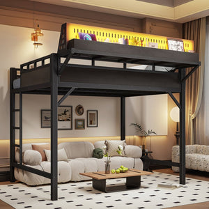 English Elm Ful Size Metal Loft Bed with Pegboard Shelves USB Charging and LED Ambient Lighting W5316S00041
