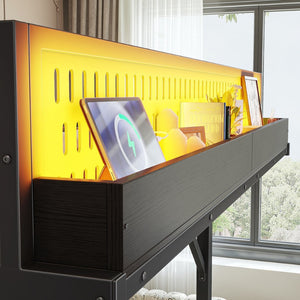 English Elm Ful Size Metal Loft Bed with Pegboard Shelves USB Charging and LED Ambient Lighting W5316S00041