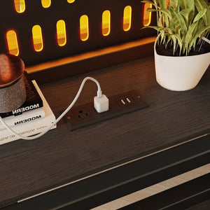 English Elm Ful Size Metal Loft Bed with Pegboard Shelves USB Charging and LED Ambient Lighting W5316S00041