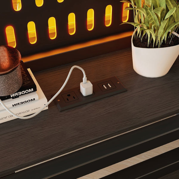 English Elm Ful Size Metal Loft Bed with Pegboard Shelves USB Charging and LED Ambient Lighting W5316S00041