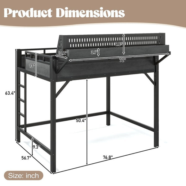 English Elm Ful Size Metal Loft Bed with Pegboard Shelves USB Charging and LED Ambient Lighting W5316S00041