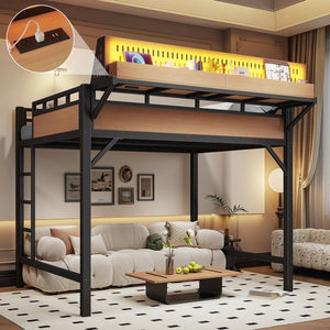 English Elm Full Size Metal Loft Bed with Pegboard Shelves USB Charging and LED Strip Lighting W5316S00042