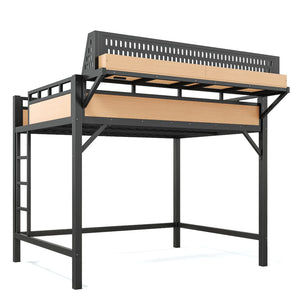 English Elm Full Size Metal Loft Bed with Pegboard Shelves USB Charging and LED Strip Lighting W5316S00042