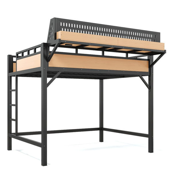 English Elm Full Size Metal Loft Bed with Pegboard Shelves USB Charging and LED Strip Lighting W5316S00042