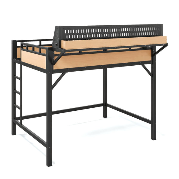 English Elm Full Size Metal Loft Bed with Pegboard Shelves USB Charging and LED Strip Lighting W5316S00042