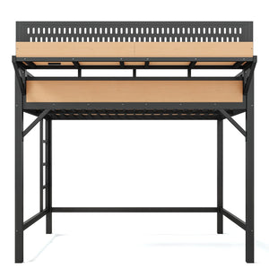 English Elm Full Size Metal Loft Bed with Pegboard Shelves USB Charging and LED Strip Lighting W5316S00042