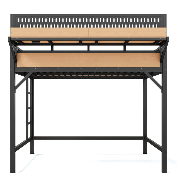 English Elm Full Size Metal Loft Bed with Pegboard Shelves USB Charging and LED Strip Lighting W5316S00042