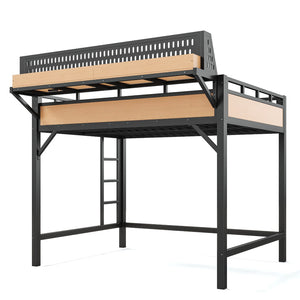 English Elm Full Size Metal Loft Bed with Pegboard Shelves USB Charging and LED Strip Lighting W5316S00042
