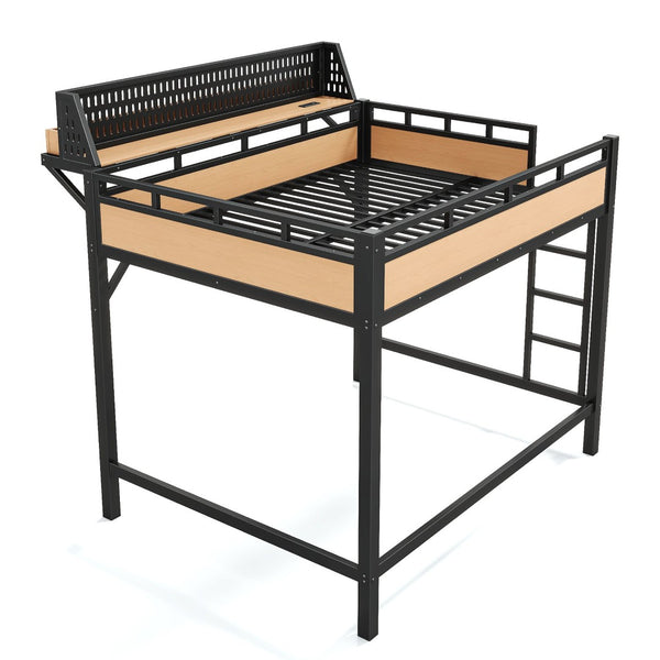 English Elm Full Size Metal Loft Bed with Pegboard Shelves USB Charging and LED Strip Lighting W5316S00042