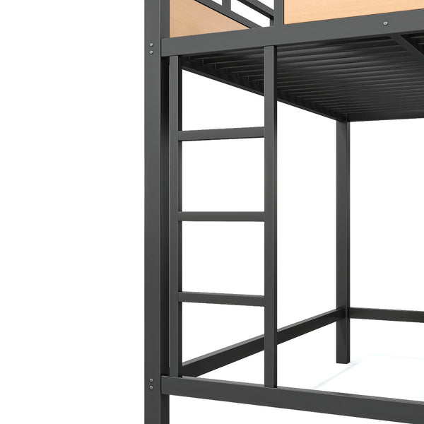 English Elm Full Size Metal Loft Bed with Pegboard Shelves USB Charging and LED Strip Lighting W5316S00042
